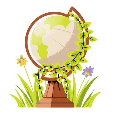 A rusty old globus sitting prominently on a weathered wooden pedestal. The globus features a faded map with peeling paint and worn-out continents. Surrounding the globus, vibrant green vines and colorful flowers spill over, intertwining with the pedestal. Sunlight filters through the thick foliage overhead, casting dappled shadows on the ground. In the background, tall grass sways gently, adding to the overgrown atmosphere of the garden. 