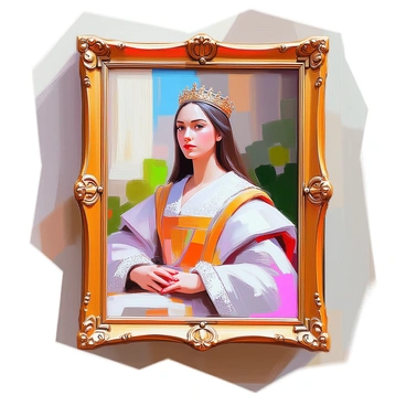 A framed portrait in a Renaissance style features a noble figure dressed in elaborate period clothing with intricate patterns. The figure has a serene expression and long, flowing hair, adorned with a subtle crown. Behind the figure, there is a richly detailed background with lush greenery and softly painted architectural elements. The frame itself is ornate, with golden accents and scrollwork, enhancing the grandeur of the portrait. The colors are deep and vibrant, creating a striking contrast that draws attention to the figure and the craftsmanship of the frame.
