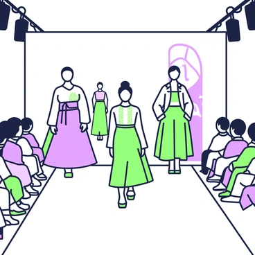 A modern fashion show is taking place in a spacious venue. The runway is sleek and features bright lights highlighting the models. Several models walk down the runway, each showcasing contemporary designs inspired by traditional hanboks. One model wears a dress with a high waist and flowing skirt, adorned with intricate patterns resembling traditional hanbok fabrics. Another model showcases a tailored jacket with a modern cut, paired with wide-legged pants that evoke the essence of hanbok while maintaining a chic look. The audience is seated along the sides, captivated by the fusion of traditional and modern fashion on display.
