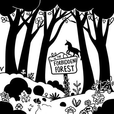 A dense forest with tall trees casting intricate shadows on the ground. The trunks of the trees are thick and gnarled, with twisting branches reaching out in various directions. Among the foliage, outlines of magical creatures can be seen partially hidden, with some peeking out from behind the trees. There are whimsical shapes of small fairies flitting among the leaves, and the silhouette of a majestic unicorn can be discerned in the distance. The ground is covered with a variety of plants, mushrooms, and vines, creating a sense of wild enchantment. "Welcome to the Forbidden Forest" is displayed on an ancient-looking signpost, partially obscured by creeping vines.
