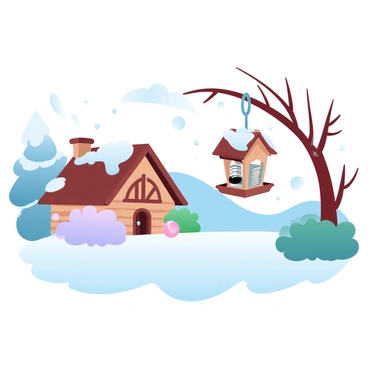 A winter garden outside a cottage nestled among snow-covered hills. The cottage features a thatched roof and wooden beams, partially covered in white snow. Various plants, including evergreen shrubs and barren branches, are dusted in soft white snow. A bird feeder made of wood and metal hangs from a sturdy branch, surrounded by a few scattered snowflakes. The ground is blanketed in a thick layer of fresh snow, creating a tranquil winter scene.