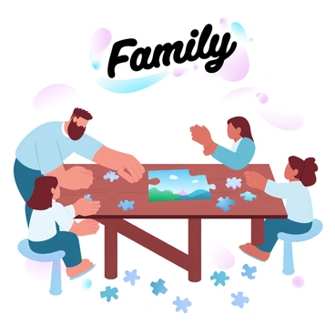 A family is gathered around a wooden table, working together to assemble a large jigsaw puzzle. The table is covered with scattered puzzle pieces in various colors. In the center, a nearly completed section of the puzzle shows a vibrant landscape. The family consists of four members: a father reaching for a piece, a mother sorting pieces on the side, and two children actively engaged in finding matching pieces. Soft lighting creates a warm atmosphere, enhancing the sense of collaboration and togetherness. Above them, a colorful banner with the word "Family" is displayed.