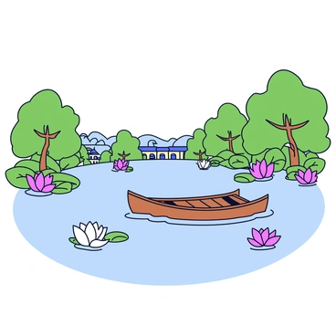 A wide view of Kunming Lake surrounded by lush greenery at the Summer Palace. The lake is dotted with pink and white lotus flowers, their large leaves floating atop the water's surface. A traditional wooden boat with a curved roof is gently gliding across the tranquil water, creating soft ripples as it moves. In the background, there are hints of traditional architecture peeking through the trees.