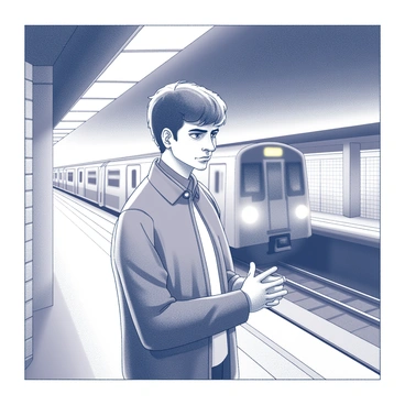A person stands in a subway station, their expression displaying signs of nervousness. The individual is wearing a simple jacket and has their hands clasped together. They are gazing intently at overhead lights that are flickering intermittently. The subway platform is partially lit, creating contrasting shadows and highlights across the scene. The tiled walls of the station are visible in the background, and a distant train can be seen approaching the platform, its headlights illuminating the area briefly.