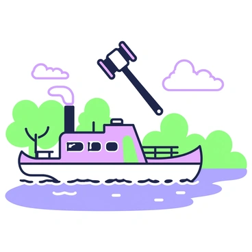 A steamboat is navigating along a winding river, creating gentle ripples in the water. The boat has a large smokestack emitting a plume of smoke that rises into the air. Above the steamboat, a court gavel is hovering, large and detailed. The gavel is positioned directly above the center of the boat, emphasizing its significance. Surrounding the steamboat, there are lush trees lining the riverbank, with a few clouds in the sky. The scene conveys a sense of movement and purpose in the context of legal proceedings.