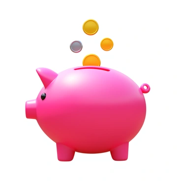 A 3D piggy bank with coins dropping into it, set against a bright background