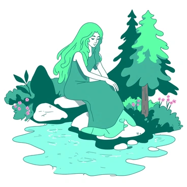 A teal figure resembling "Galadriel" is sitting cross-legged on a smooth rock beside a gently flowing stream. She has long, flowing hair and is dressed in an elegant gown that drapes around her. The stream reflects the sunlight, creating a shimmering effect on the water surface. Surrounding her are tall, lush green trees, their leaves rustling softly in the breeze. Small flowers with pink petals dot the ground, complementing the serene environment. The scene conveys a sense of peace and quiet, with the calming sounds of nature in the background.