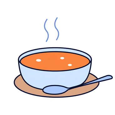 A round, deep bowl filled with a vibrant, orange-colored soup. The surface of the soup features small bubbles and a glossy sheen. Rising from the bowl are visible heat waves, gently distorting the air above. The bowl is placed on a simple wooden table, with a metal spoon resting beside it.