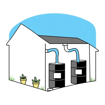 A rooftop system is visible with a sloped design, featuring a dark gray surface. Rainwater flows down the roof into a series of large, cylindrical barrels placed at the base of the building. The barrels are made of dark plastic and have labels indicating their purpose for rainwater collection. Surrounding the barrels, there is a small area of greenery, with a few potted plants and grass growing nearby, demonstrating the use of the collected water. The atmosphere is clear, with a bright blue sky overhead.