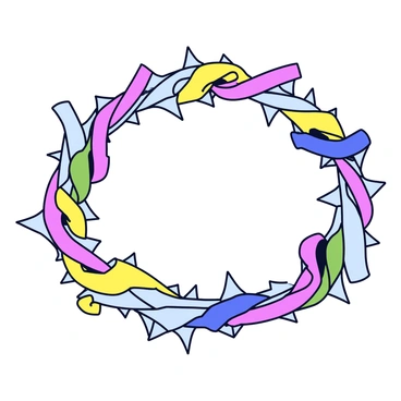 A crown of thorns with sharp, pointed edges, intricately woven together. Intertwined with the thorns are colorful silk ribbons in shades of red, blue, yellow, and green, flowing gracefully in the breeze. The scene captures the texture of the thorns and the smoothness of the ribbons, highlighting the contrast between them. The ribbons appear to dance lightly, creating a dynamic visual effect against a simple background.