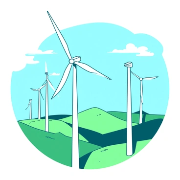 A row of white wind turbines standing tall on a green hilltop, turning gently in the breeze. The blades of the turbines are elongated and sleek, with the sun casting soft shadows on the grassy ground below. In the background, a clear blue sky stretches endlessly, with a few fluffy white clouds drifting lazily. The landscape features rolling hills that create a serene and natural setting for the wind turbines. The overall scene conveys a sense of harmony between technology and nature.