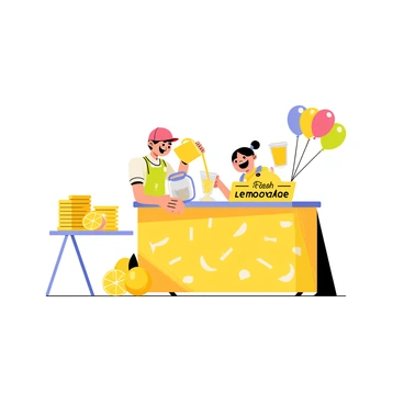 Two children are standing behind a vibrant lemonade stand decorated with bright yellow and green patterns. One child, wearing a red cap, is pouring lemonade from a large pitcher into clear, plastic cups. The other child, with pigtails and a big smile, is holding a sign that reads "Fresh Lemonade" in bold letters. The stand is adorned with ripe lemons and colorful balloons, and there is a small table next to it displaying a stack of lemonade cups and a bowl of sliced lemons. The scene is lively, capturing the excitement of a sunny day in the neighborhood.