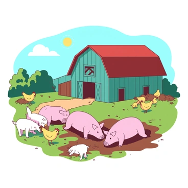 A teal barn with a red roof is situated in a lively barnyard. In the foreground, a group of playful pink pigs are rolling in the mud, enjoying their time under the bright sun. Nearby, several yellow chickens are pecking at the ground, searching for seeds. On the left side of the scene, a couple of white goats are playfully butting heads, their ears perked up in excitement. The barnyard is filled with a variety of green grass and scattered hay, creating a vibrant atmosphere. In the background, a clear blue sky complements the cheerful setting.