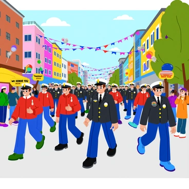 A parade honoring veterans marching through a city street lined with cheering spectators