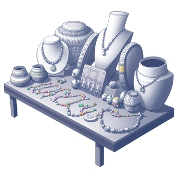 A wooden market table displays an array of traditional Berber jewelry. Various pieces are arranged neatly, showcasing intricate silver necklaces adorned with geometric patterns and colorful beadwork. There are chunky bracelets featuring detailed engravings and stones embedded within the metal. Earrings in different shapes, such as crescent and circular designs, hang prominently. The background includes textured fabrics and woven baskets that enhance the cultural atmosphere of the scene.