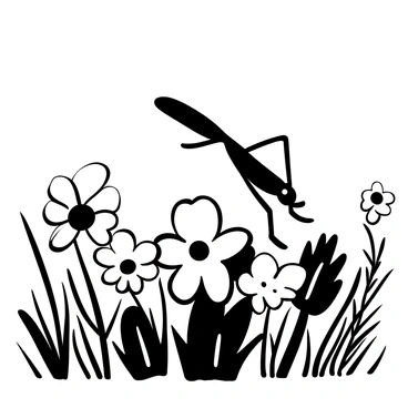 A grasshopper leaping over a cluster of wildflowers, with various shapes and sizes of flowers scattered throughout the meadow. Tall blades of grass surround the grasshopper, swaying gently. The meadow is expansive with a variety of wildflowers growing in different arrangements, creating a lively scene of nature.