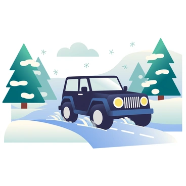 A black G-Wagon is driving on a snowy road. The vehicle is kicking up a spray of snow as it moves forward. Flanking the road are tall pine trees, their branches heavy with fresh snow, forming a winter wonderland. The ground is blanketed in thick, white snow, and the sky above is overcast with gray clouds, hinting at ongoing snowfall. The G-Wagon's headlights are illuminated, cutting through the snowflakes that drift down from the sky.