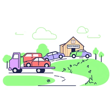 A solitary car transport truck is positioned on a winding dirt road that leads through a rural landscape. The truck is loaded with several vehicles, including a red sedan, a blue SUV, and a green hatchback, all securely visible on the flatbed. A small dealership is situated in the distance, featuring a rustic building with a sign that reads "Vehicle Dealership" in bold letters. To the sides of the road, there are patches of grass and a few scattered trees, creating a natural atmosphere. The sky above is clear, allowing for ample sunlight to illuminate the scene.