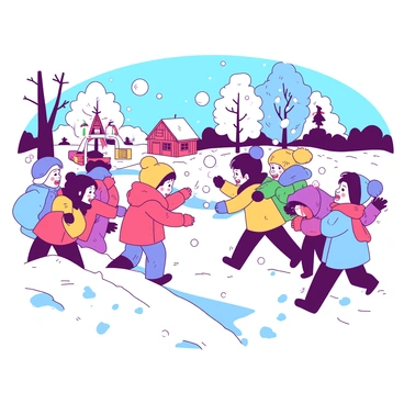 A group of children are engaged in a lively snowball fight in a neighborhood park. The kids are bundled up in colorful winter coats, hats, and gloves, with their cheeks flushed from the cold. Snow is flying through the air as they throw snowballs at each other, laughter and excitement visible on their faces. In the background, there are snow-covered trees and a small playground partially hidden by snow. Some children are crouched behind a snowbank for cover while others are mid-laugh, readying their snowballs. The scene is filled with energy and joy, capturing the playful atmosphere of winter fun.