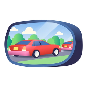 A car's side mirror reflects a trailing vehicle behind it. The mirror is shiny and slightly curved, showcasing the rear view. The trailing vehicle is a red sedan with a sleek design and shiny paint, driving on a road surrounded by green grass and trees. The sky above is bright blue with a few fluffy white clouds. The side mirror's frame is black, contrasting with the car's color. The reflection captures the details of the trailing vehicle, including its headlights and license plate.
