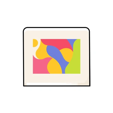A sleek, minimalist frame surrounding a colorful abstract painting. The frame is a thin, smooth black with clean lines. The abstract painting is filled with vibrant colors such as bright red, deep blue, sunny yellow, and lush green, arranged in fluid shapes and swirls. The painting is set against a plain white wall, enhancing the contrast between the frame and the artwork.