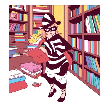 A girl dressed in a black and white striped playful thief costume with a matching mask is sneaking through a room filled with colorful bookshelves. She holds a large, vibrant book tightly against her chest while looking over her shoulder with a mischievous grin. Her costume includes a small pouch attached to her belt, which is filled with various colorful trinkets. The room has warm lighting, and there are stacks of books scattered around, creating a whimsical atmosphere.