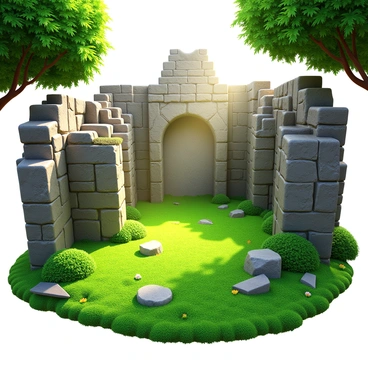 Ancient stone ruins with weathered surfaces and intricate carvings. The ground surrounding the ruins is covered in a thick layer of vibrant green moss. Sunlight filters through the trees overhead, casting gentle shadows across the mossy ground. Some small wildflowers peek through the moss, adding hints of color to the scene. A few scattered stones and fragments of the ruins lie amid the vegetation, suggesting a long-lost civilization. The atmosphere is tranquil and full of history.