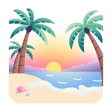 A vintage-inspired postcard features a tranquil beach scene at sunset. The sandy shoreline is dotted with several tall palm trees, their fronds gently swaying in the breeze. The sky is painted with warm hues of orange, pink, and purple as the sun sinks towards the horizon. Gentle waves lap at the shore, creating a soft white foam. In the foreground, a few seashells are scattered on the sand, adding detail to the beach setting. The overall composition emphasizes the peacefulness of the scene, inviting viewers to imagine a relaxing getaway.