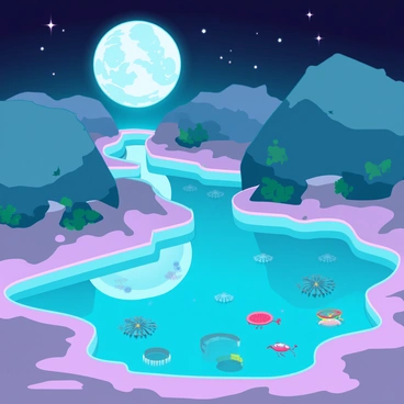 A tide pool with clear water reflecting the moon's light, creating a shimmering effect. Small sea creatures are visible inside the pool, including colorful starfish, tiny crabs, and delicate sea anemones. The surrounding rocks are partially covered in wet sand and patches of green algae. The night sky above is deep blue, with stars twinkling faintly. The moon is full and bright, casting a soft glow on the scene, illuminating the textures and colors of the marine life.