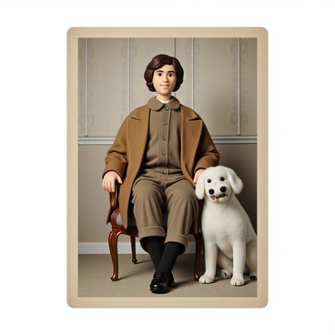 A carte de visite featuring a person with light skin and short brown hair, dressed in a vintage-style coat with a collared shirt underneath. They are seated in an ornate wooden chair, smiling as they look at the camera. By their side is a fluffy white dog with expressive eyes, sitting attentively while leaning slightly against the person. The background is softly blurred, highlighting the subjects in the foreground, with elegant patterns visible on the walls.