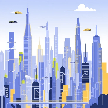 A sprawling futuristic city filled with towering skyscrapers reaching high into the sky. The buildings are sleek and metallic, reflecting sunlight with vibrant colors. Numerous flying cars zip through the air, weaving between the structures. The scene is bustling with activity, showcasing various levels of transportation systems, including elevated walkways and hover platforms. Above, a clear blue sky provides the backdrop, with a few fluffy clouds dotting the horizon.