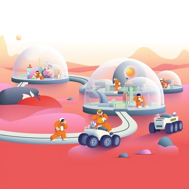 A human colony on Mars features several large, transparent domed habitats, each showcasing busy activities within. The domes are interconnected by sleek, silver walkways. In the foreground, there are astronauts in orange suits working on scientific experiments and exploring the red barren landscape, which is covered in rocky terrain and sandy patches. A distant view of Martian mountains rises under a pale orange sky, while a rover vehicle is parked near one of the domes, ready for exploration.