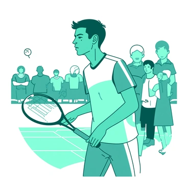 A teal badminton player stands poised on the court, gazing intently at the shuttlecock in front of him. He is dressed in a fitted white sports uniform, and his grip is firm around the badminton racket held at his side. The player's brow is furrowed in concentration, with beads of sweat glistening on his forehead. In the background, a blurred image of teammates and spectators can be seen, enhancing the atmosphere of competition. The player's feet are positioned firmly on the ground, ready to spring into action as he prepares to serve.