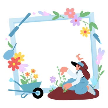 A charming frame is created using various gardening tools, such as a trowel, pruner, and watering can, arranged around the edges. Inside this frame, blooming flowers in various colors, including vibrant reds, yellows, and purples, add a lively touch. The gardener is wearing a wide-brimmed hat and is kneeling in the soil, tending to the plants. Nearby, a wheelbarrow filled with more blooming flowers is visible. The scene conveys a sense of a lush garden in full bloom, emphasizing the beauty of nature and gardening.