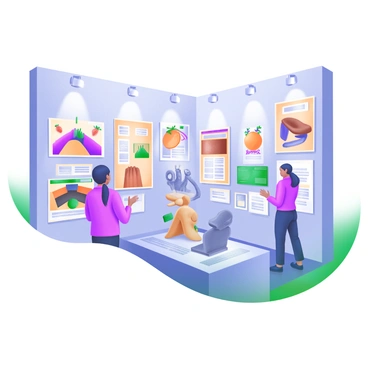 A gallery exhibition space featuring several walls adorned with diverse artworks interpreting "circumcision" across various cultures. Each artwork includes vibrant colors and unique styles, capturing traditions and practices related to the theme. In the center of the room, there is a sculpture representing cultural significance, surrounded by placards with information. Visitors are observing the pieces, engaging in discussions. Soft lighting highlights each artwork, creating an inviting atmosphere for exploration and understanding.