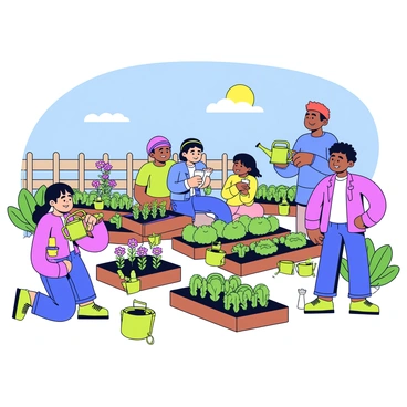 A community garden with various adults engaged in gardening activities. One adult is kneeling and planting flowers in a small plot, while another is watering plants with a green watering can. A third adult is standing and discussing with a child about the growth of vegetables. The garden is filled with lush green plants, colorful flowers, and neatly organized rows of vegetables. The sky is bright blue and the sun casts soft shadows on the ground. Bright green garden tools are scattered around, and a wooden fence surrounds the garden area.