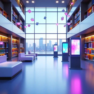 A futuristic library with sleek, metallic architecture. Floating digital books hover in the air, glowing softly with neon colors. There are AI-driven information kiosks positioned throughout the space, showcasing interactive displays and vibrant holographic interfaces. The lighting is bright and inviting, illuminating modern seating areas where individuals can read or engage with technology. Large windows provide a view of a futuristic city skyline outside.