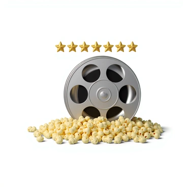 A film reel made of shiny metal with detailed grooves sits prominently in the center of the image. Surrounding the film reel is a generous pile of popcorn, each piece fluffy and yellow, some with a buttery sheen. In the background, a rating scale is displayed, consisting of five gold stars arranged horizontally. Each star is perfectly shaped and gleaming, symbolizing high ratings, with the first four stars fully colored and the fifth one slightly faded. The composition creates a vibrant and inviting scene that captures the essence of cinema and movie enjoyment.