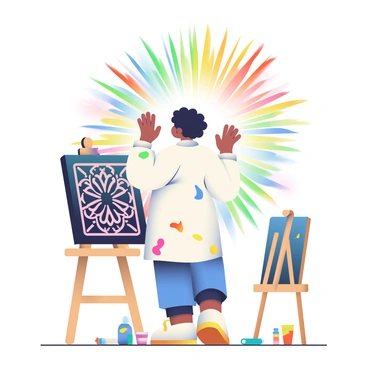 An artist receiving ideas from a black box emitting a spectrum of colors