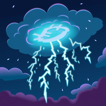 A dark stormy sky filled with swirling clouds, illuminated by frequent flashes of lightning. The lightning bolts are uniquely shaped like "bitcoin" symbols, striking down towards the ground. The atmosphere is intense, with a mixture of deep blues and purples in the clouds, enhancing the dramatic effect of the scene. Occasional raindrops can be seen falling from the sky, adding to the tumultuous ambiance.