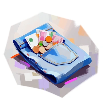 A pair of blue denim jeans is laid flat, with the front pocket slightly open. Several shiny coins and colorful banknotes are peeking out from the pocket, displaying various denominations and designs. The fabric of the jeans has visible stitching and texture, and the scene is well-lit to highlight the details of the coins and notes, creating an engaging and dynamic composition.