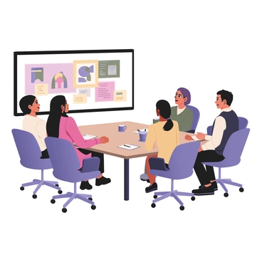 A meeting room with a rectangular table at the center, surrounded by several modern chairs. The walls are painted in a light color, creating a bright atmosphere. There is a large screen on one side of the room displaying a digital flat illustration. The illustration features a colorful design with various geometric shapes and bold colors intended for critique. On the table, there are notepads, pens, and a few coffee cups. A group of four people, two men and two women, are seated at the table, focused on the screen. Each person is engaged in discussion, with expressions of concentration and interest.