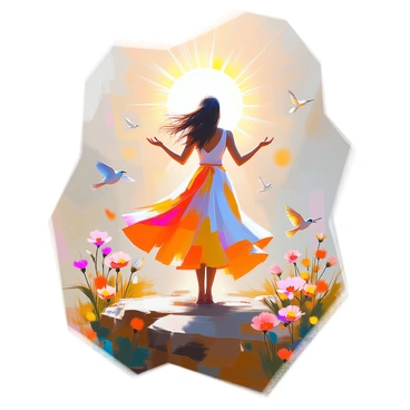 A symbolic composition featuring a powerful female figure standing confidently at the center. She has long, flowing hair and wears a vibrant, flowing dress that billows around her. The dress is adorned with bright patterns, including shades of red, yellow, and blue, representing strength and vitality. Surrounding her are various elements, such as flowers and birds, which symbolize growth and freedom. The background is filled with a radiant sunburst, illuminating the scene and highlighting her figure, emphasizing the theme of empowerment.