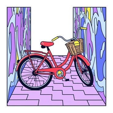A vintage bicycle with a shiny red frame and a curved handlebar is parked against a wall. The wall is covered in vibrant graffiti art featuring various colors and designs. The alley is narrow, with brick pavement beneath the bicycle. The bicycle has a woven basket attached to the front and a classic bell on the handlebar. Sunlight filters through the narrow opening of the alleyway, casting soft shadows on the wall.
