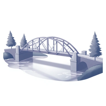 A sturdy bridge spanning across a wide river. The bridge features robust steel beams and a solid wooden deck, showcasing a blend of modern engineering and natural materials. The river flows beneath, with gentle ripples and reflections of the bridge structure on the water's surface. On either side of the riverbank, lush trees are visible, framing the scene and emphasizing the bridge's role in connecting the two sides. The atmosphere conveys a sense of stability and strength in the design of the bridge.