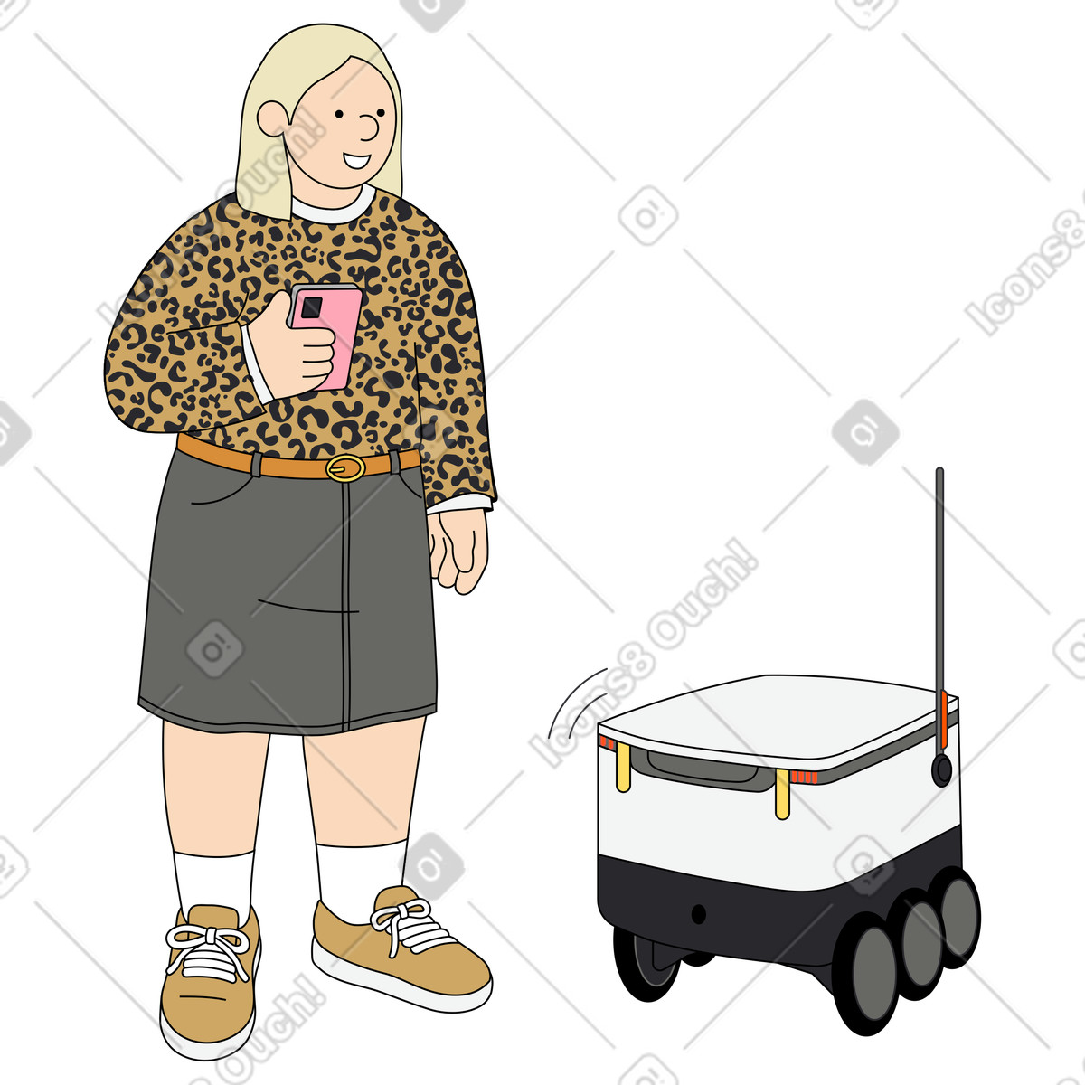 Frau nimmt bestellung von lieferroboter entgegen-Illustration im Kindy-Stil als Download in PNG, SVG