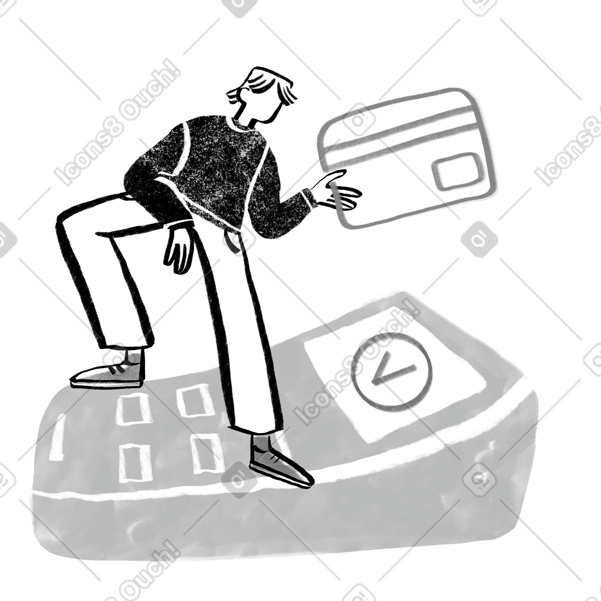 Black and white man standing on card receiver scanning the illustration in Company style download in PNG, SVG