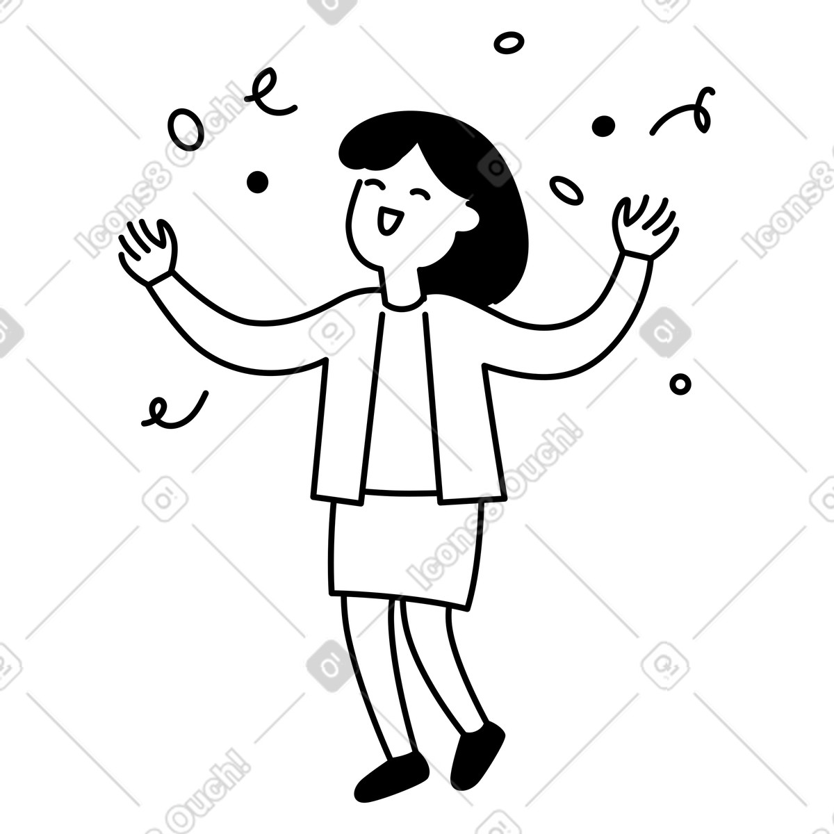 下载 Notion Line Art 风格的 Happy business person celebrating with open arms and confetti around 插画，支持 PNG、SVG 格式