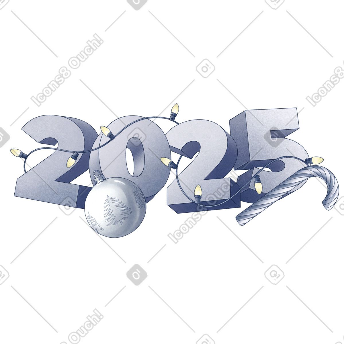 Year 2025 with bauble and garland illustration in Haze style download in PNG, SVG