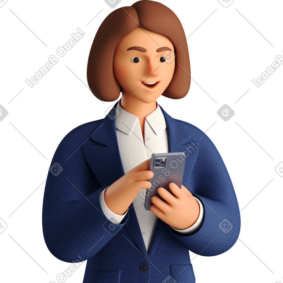 Illustration Businesswoman in blue suit looking at phone dans le style 3D Business à télécharger aux formats PNG, SVG